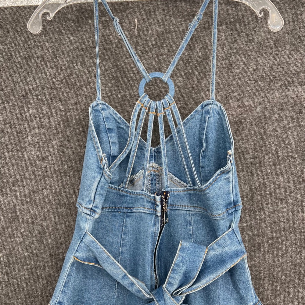 Womens Medium Wash Tiered Denim Maxi Dress O-Ring Strappy Back Blue Size M - Picture 7 of 10